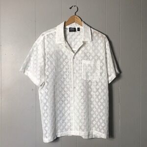 WESC WHITE SHEER GEOMETRIC PATTERN BUTTON FRONT SHIRT SHORT SLEEVE MENS LARGE